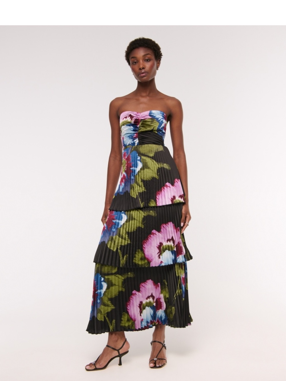 Abercrombie & Fitch Black Strapless Floral Pleated Tiered Maxi Dress